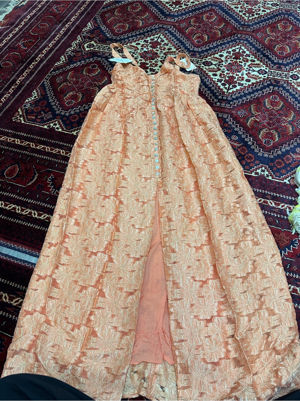 Free People Peach Lace Midi Dress with Button Front and Tie Straps - Picture 2 of 4